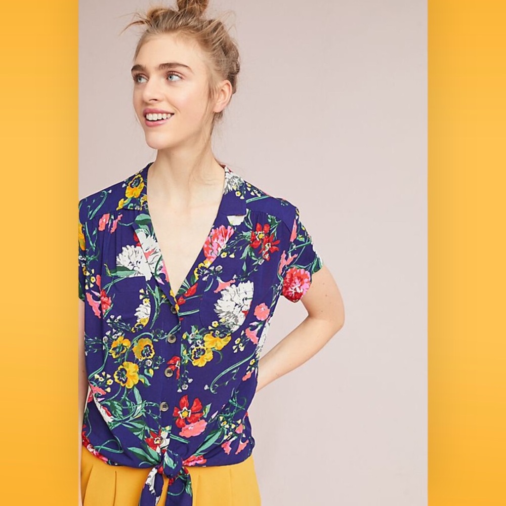 ANTHROPOLOGIE MAEVE Blue Floral Button Down Tie Waist Short Sleeve Blouse Size 8
